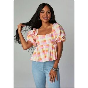 Buddy Love ALANA Puff Sleeve Plaid Peplum Top Sz XS